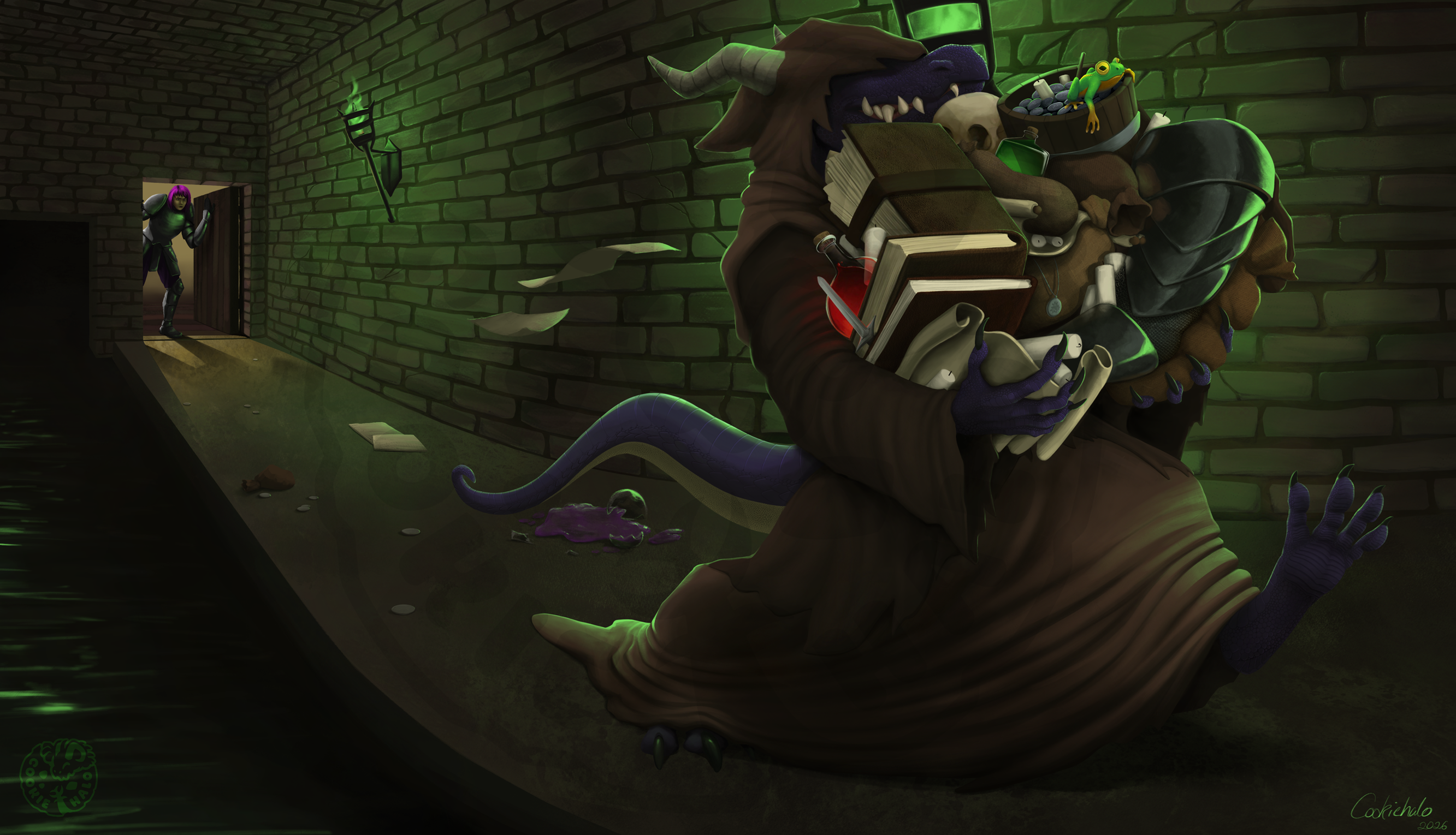 A purple kobold tries to escape with far too many "belongings"